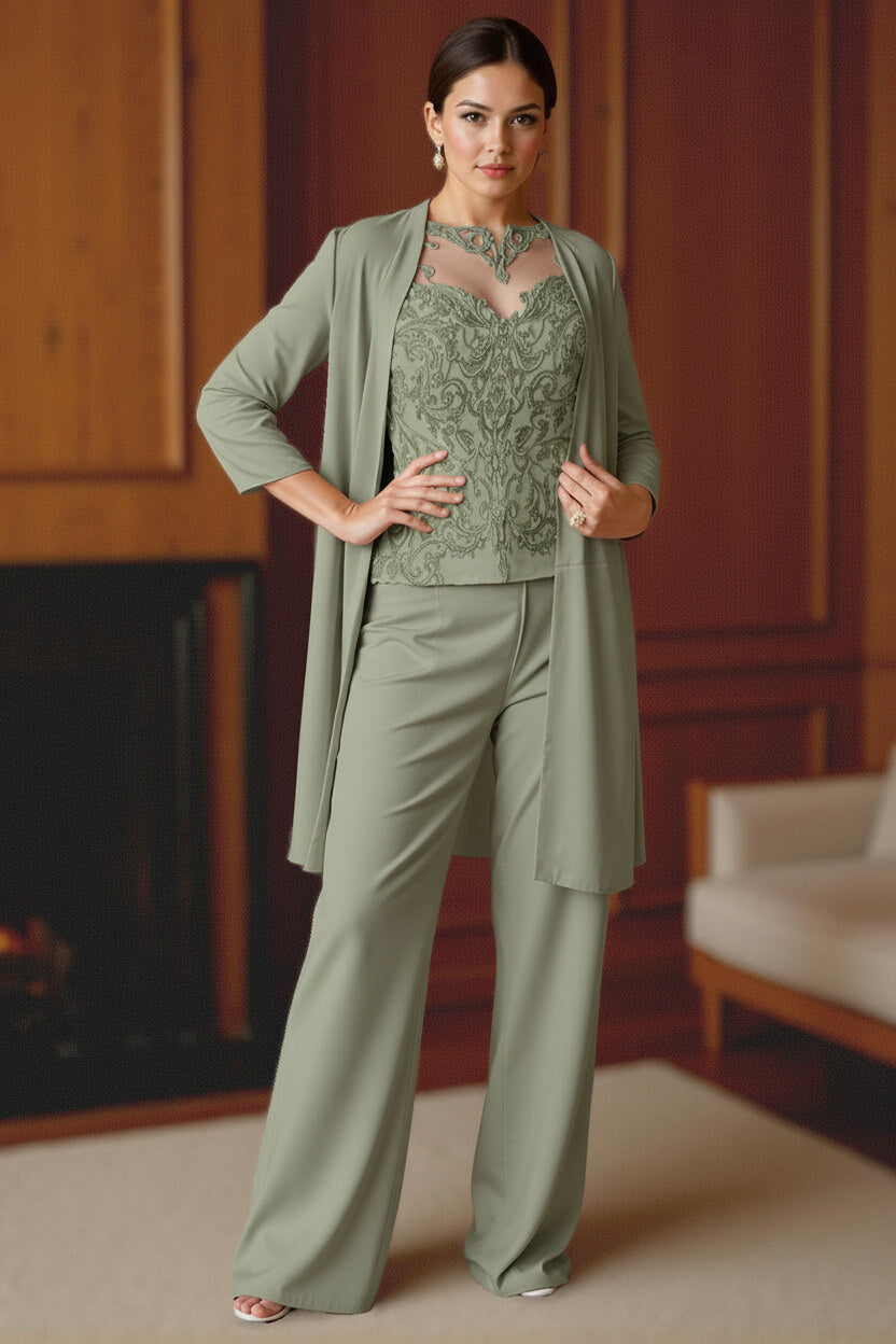 Dreamyannie Light Blue Bateau Neck Chiffon 3 Piece Mother Of The Bride Pant Suits With Jacket