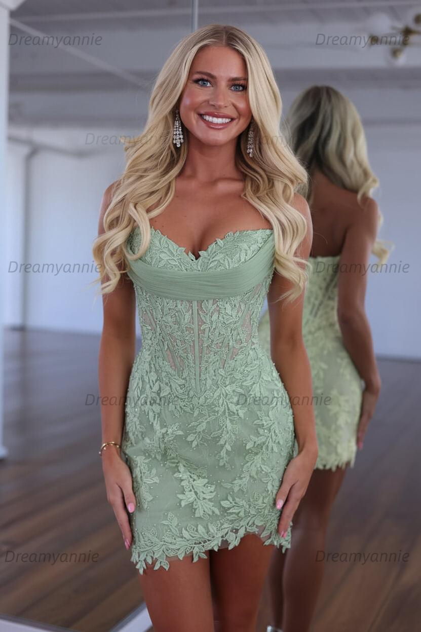 Red Lace Applique Strapless Corset Bodycon Homecoming Dress