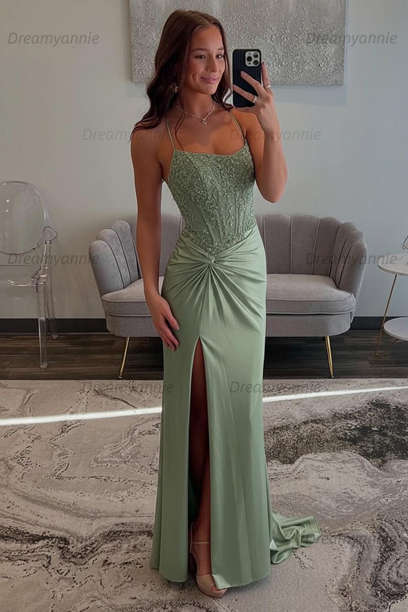 Dreamyannie Red Prom Dress Spaghetti Straps Ruhed Long Lace Formal Dress With Appliques