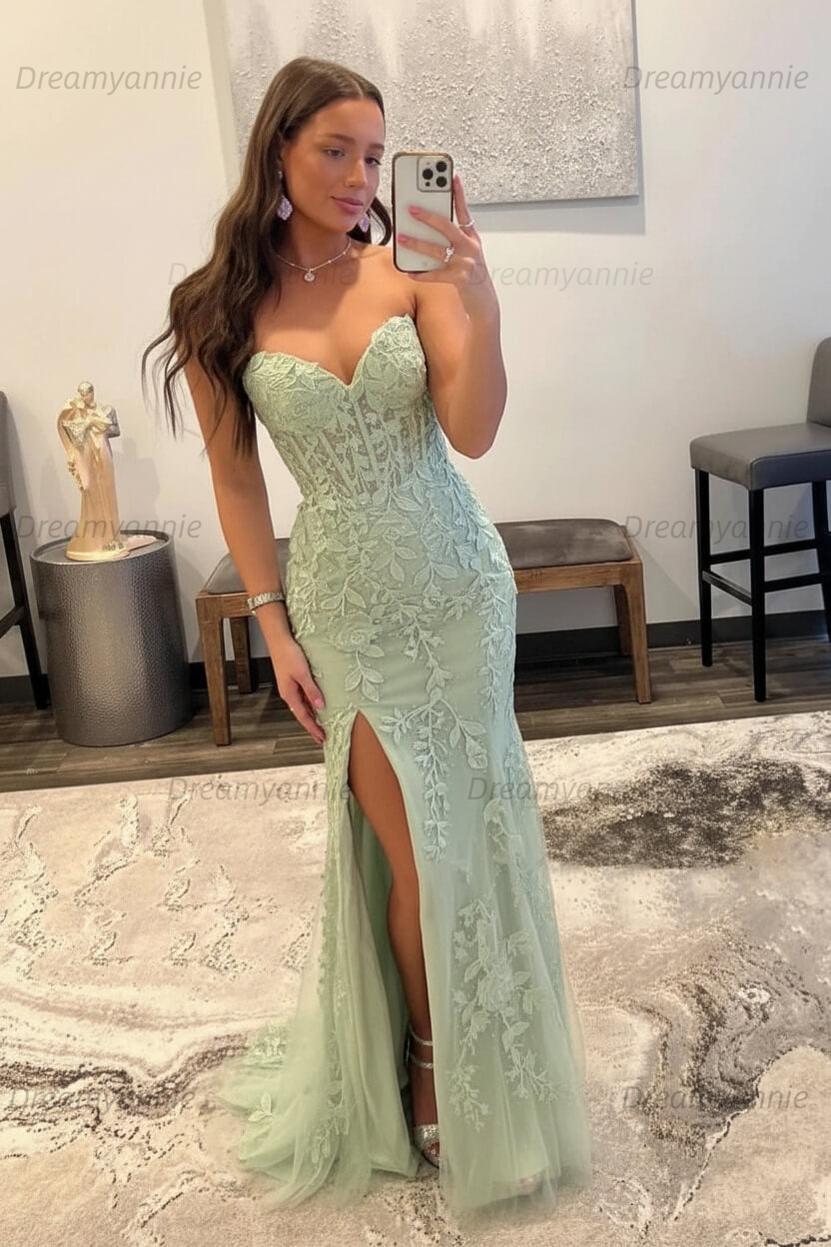 Light Blue Prom Dress Mermaid Sweetheart Corset Long Laced Evening Dress with Slit