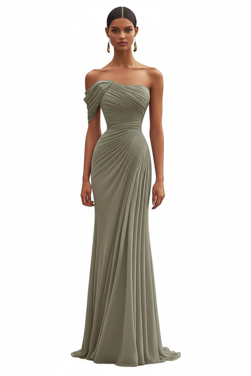 Dreamyannie One Shoulder Ruched Mermaid Dark Green Wedding Guest Dress Long Formal Dress