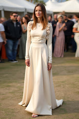 Satin A Line Apricot Wedding Guest Dress Gala Dress With Long Sleeves