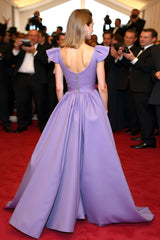 Satin A Line Elegant V-Neck Purple Wedding Guest Dress Gala Dress With Flying Sleeves