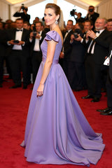 Satin A Line Elegant V-Neck Purple Wedding Guest Dress Gala Dress With Flying Sleeves
