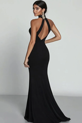 Dreamyannie Satin Black Wedding Guest Dress Mermaid Halter Neck Formal Dress