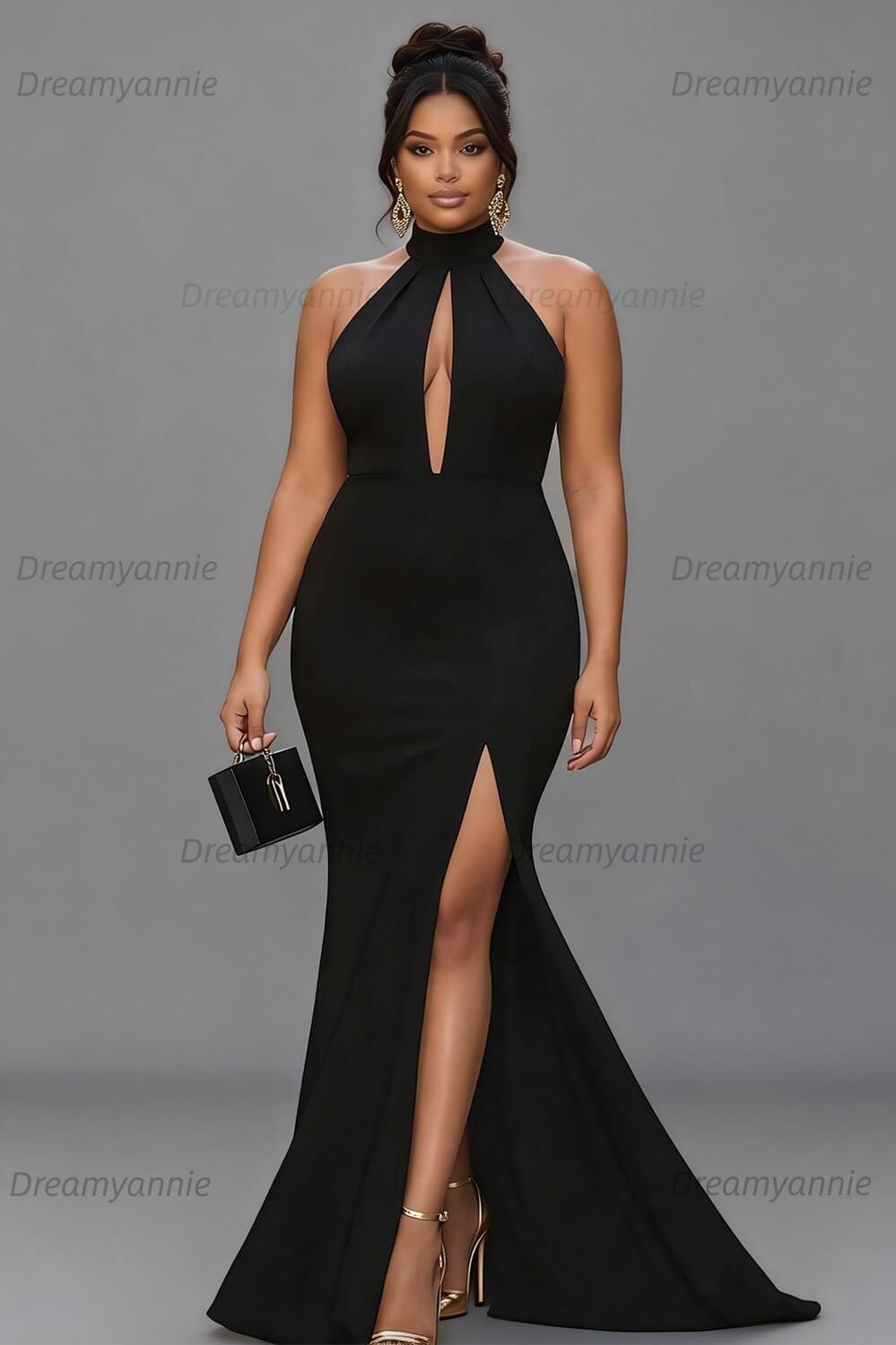 Dreamyannie Satin Black Wedding Guest Dress Mermaid Halter Neck Formal Dress