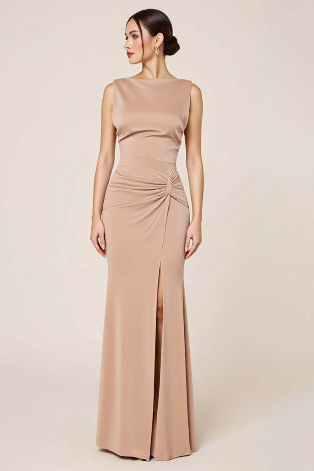 Satin Formal Dress Sheath Boat Neck Long Wedding Guest Dress With Slit