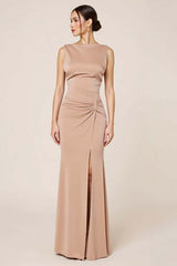 Satin Formal Dress Sheath Boat Neck Long Wedding Guest Dress With Slit