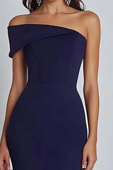 Satin Navy Wedding Guest Dress Sheath Off The Shoulder Long Formal Dress With Slit