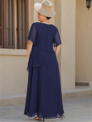 Scoop Neck Chiffon Mother of the Bride Dress with 1 2 Sleeves in A Line Style
