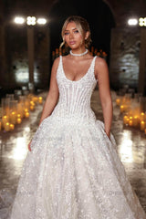 Scoop Neck Corset Wedding Dress Sequined Lace Ball Gown Bridal Dress