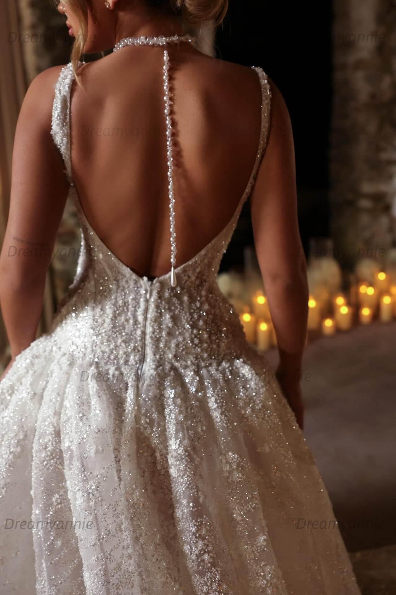 Scoop Neck Corset Wedding Dress Sequined Lace Ball Gown Bridal Dress