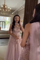 Stunning Pink Prom Dress Beaded Lace Appliqued Corset Tulle Formal Dress with Watteau Train