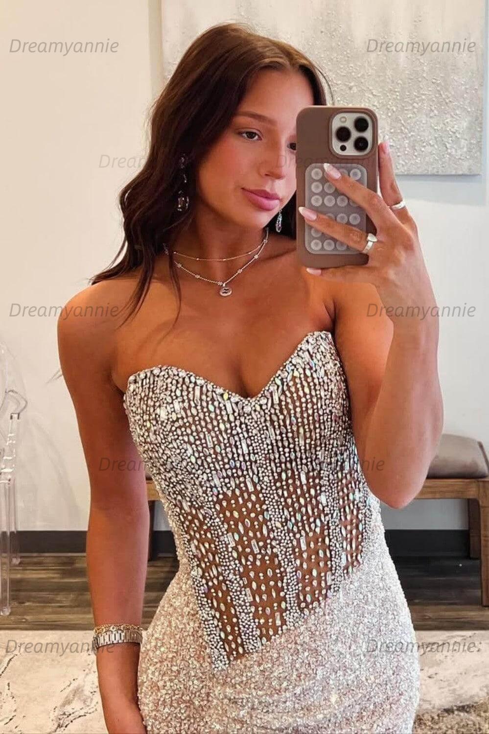 Dreamyannie Beaded Champagne Prom Dress Sweetheart Long Formal Dress With Slit