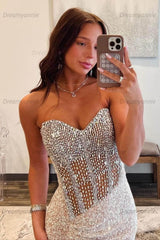 Dreamyannie Beaded Champagne Prom Dress Sweetheart Long Formal Dress With Slit