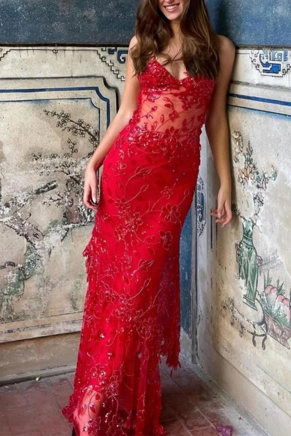 Side view of the sequin embroidered mermaid prom dress with sweeping train