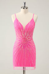 Sequin Fuchsia Homecoming Dress Spaghetti Straps Tight Short Prom Dress