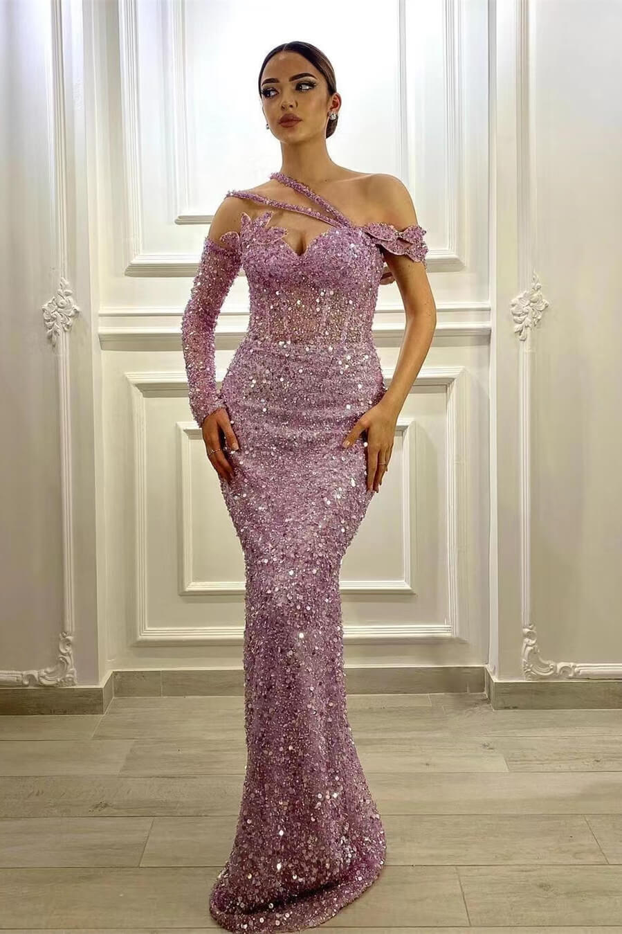 Sequin mermaid prom dress in lavender with asymmetric one-shoulder neckline and single long sleeve