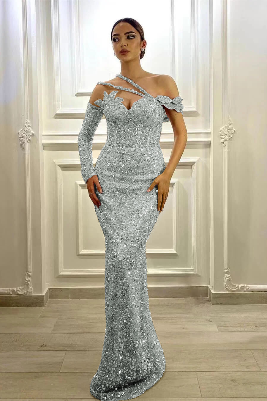 Silver sequin mermaid prom dress with single long sleeve and floor-length skirt