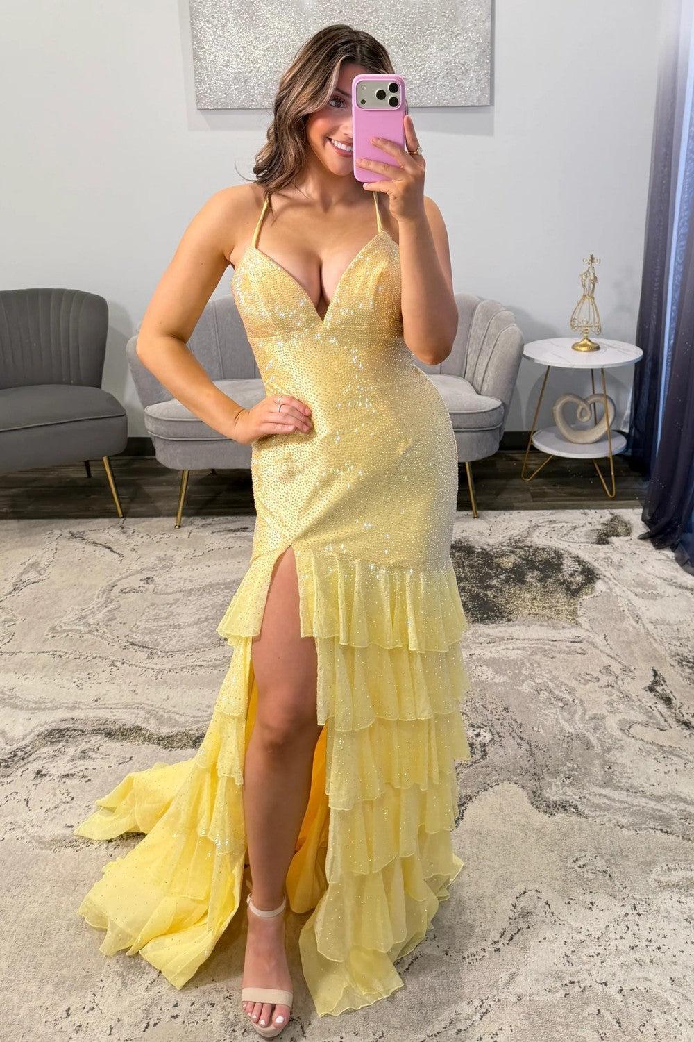 Yellow colorway of the sequin mermaid prom dress with V-neck and high slit