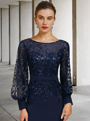 Sequined Long Mother of the Bride Dress with Scoop Neck and Long Sleeves