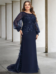 Sequined Long Mother of the Bride Dress with Scoop Neck and Long Sleeves