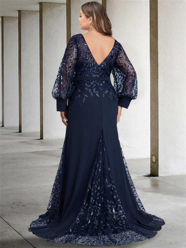 Sequined Long Mother of the Bride Dress with Scoop Neck and Long Sleeves