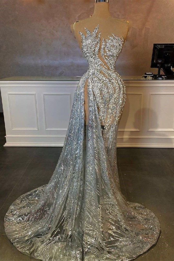 Sequined Prom Dress Silver Mermaid Formal Dress with Slit