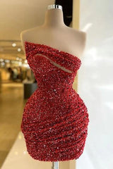 Sequined Red Homecoming Dress Sleeveless Strapless Short Cocktail Dress With Pleated