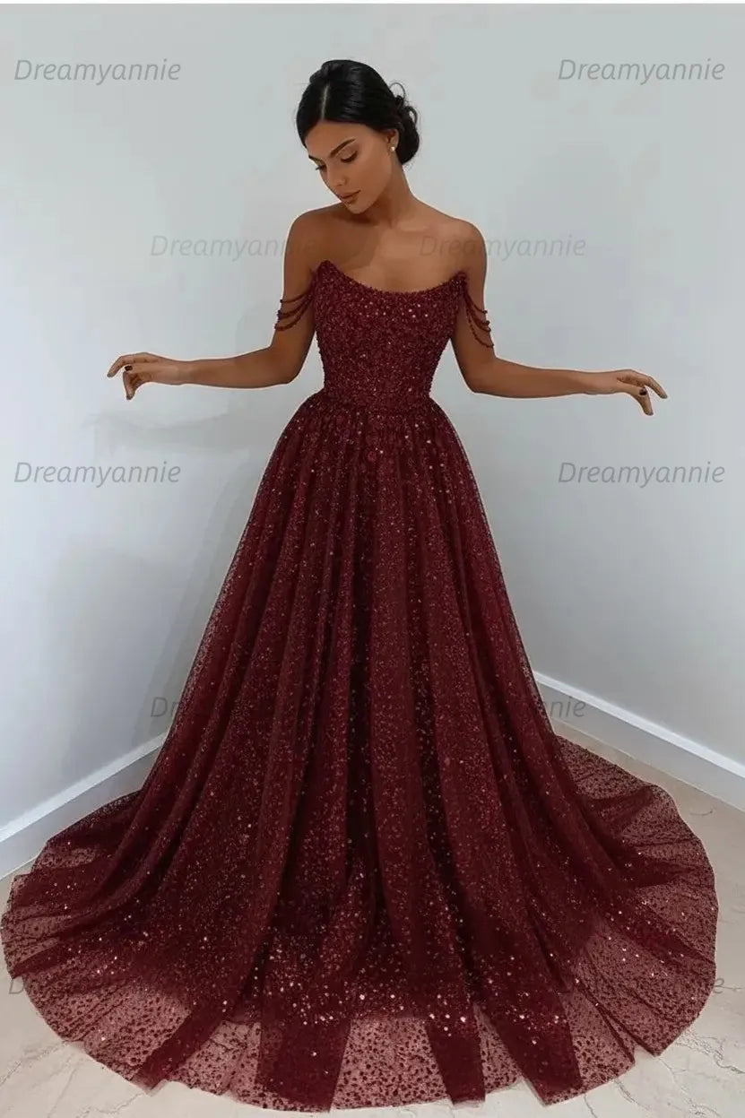 Light Blue Sequined Prom Dresses Off the Shoulder A Line Evening Dresses