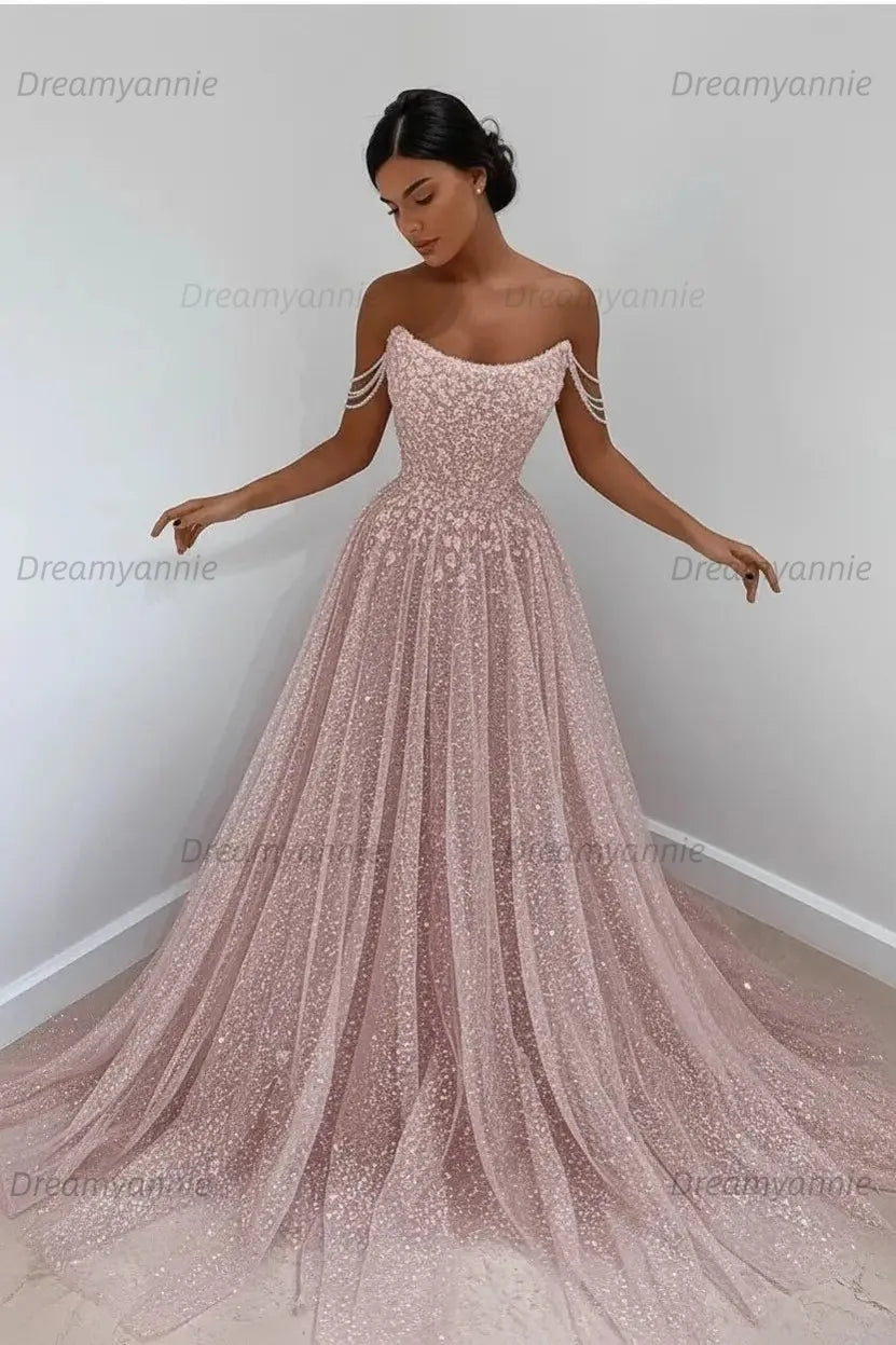 Light Blue Sequined Prom Dresses Off the Shoulder A Line Evening Dresses