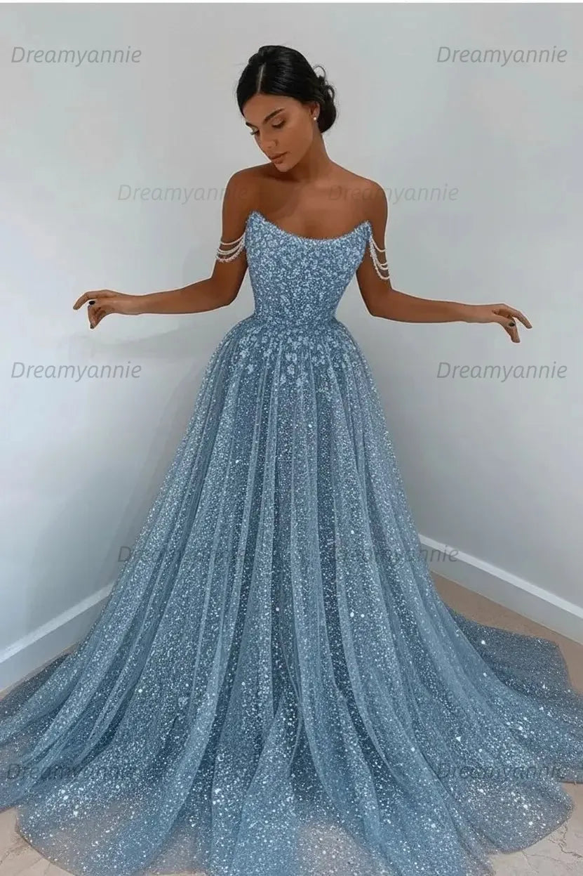 Light Blue Sequined Prom Dresses Off the Shoulder A Line Evening Dresses