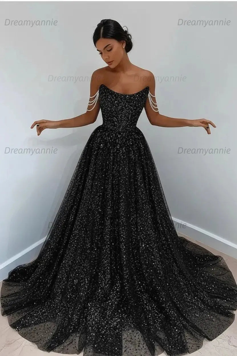 Light Blue Sequined Prom Dresses Off the Shoulder A Line Evening Dresses