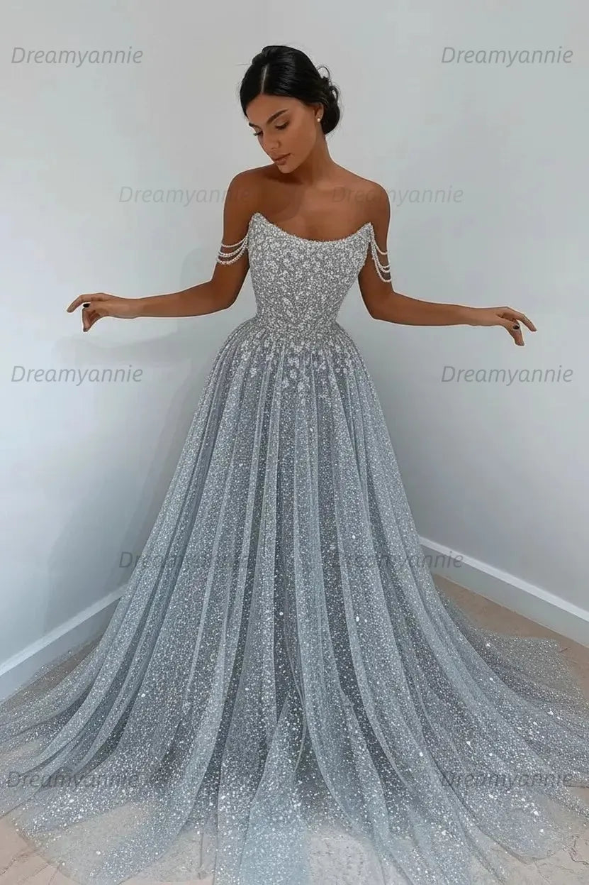 Light Blue Sequined Prom Dresses Off the Shoulder A Line Evening Dresses