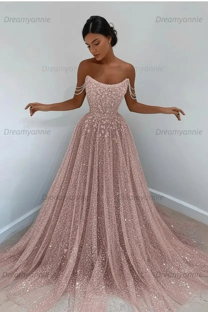 Light Blue Sequined Prom Dresses Off the Shoulder A Line Evening Dresses