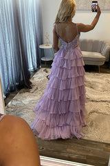 Sequins Ruffled Prom Dress Chiffon Lilac Corset Long Formal Dress With Slit