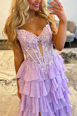 Sequins Ruffled Prom Dress Chiffon Lilac Corset Long Formal Dress With Slit
