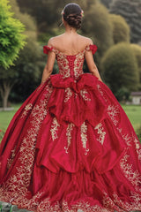 Sexy & Hot Ball Gown Off Shoulder Gold Flower Appliques Lace Up Tiered Red Tulle Quinceanera Dress Birthday Party Dress For Sweet 16