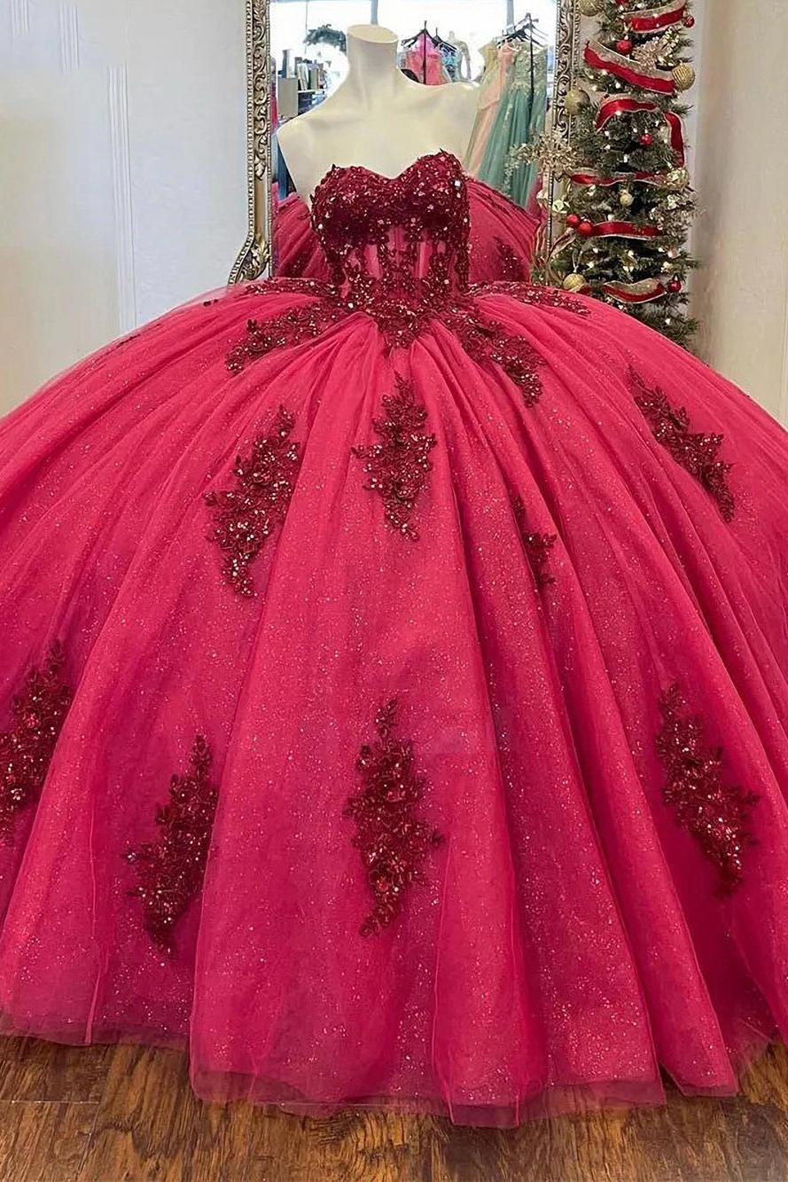 Sexy & Hot Ball Gown Sweetheart Neck Lace Appliques Beaded Hot Pink Tulle Quinceanera Dress Princess Party Gown For Sweet 16