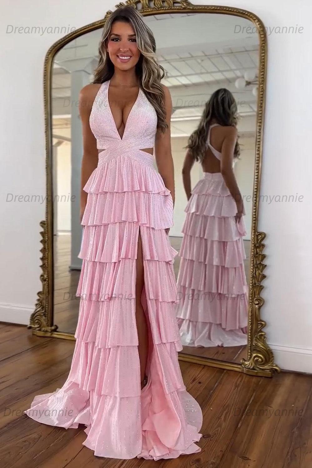 Dreamyannie Halter Grey Prom Dress Tiered A-Line Long Formal Dress With Slit