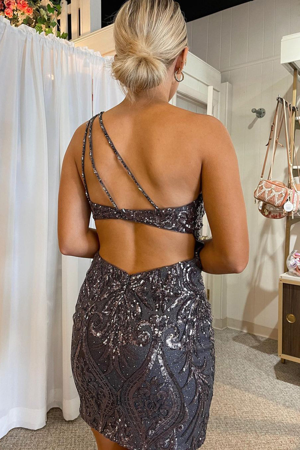 Sheath Black Homecoming Dress Sequin One Shoulder Short Prom Dress