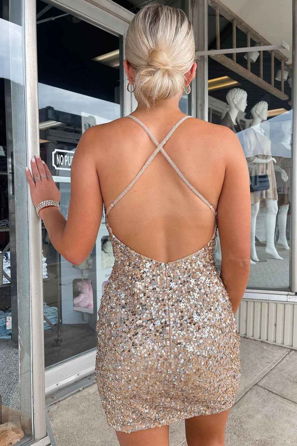 Sheath Champagne Homecoming Dress Sequin Short Prom Dress