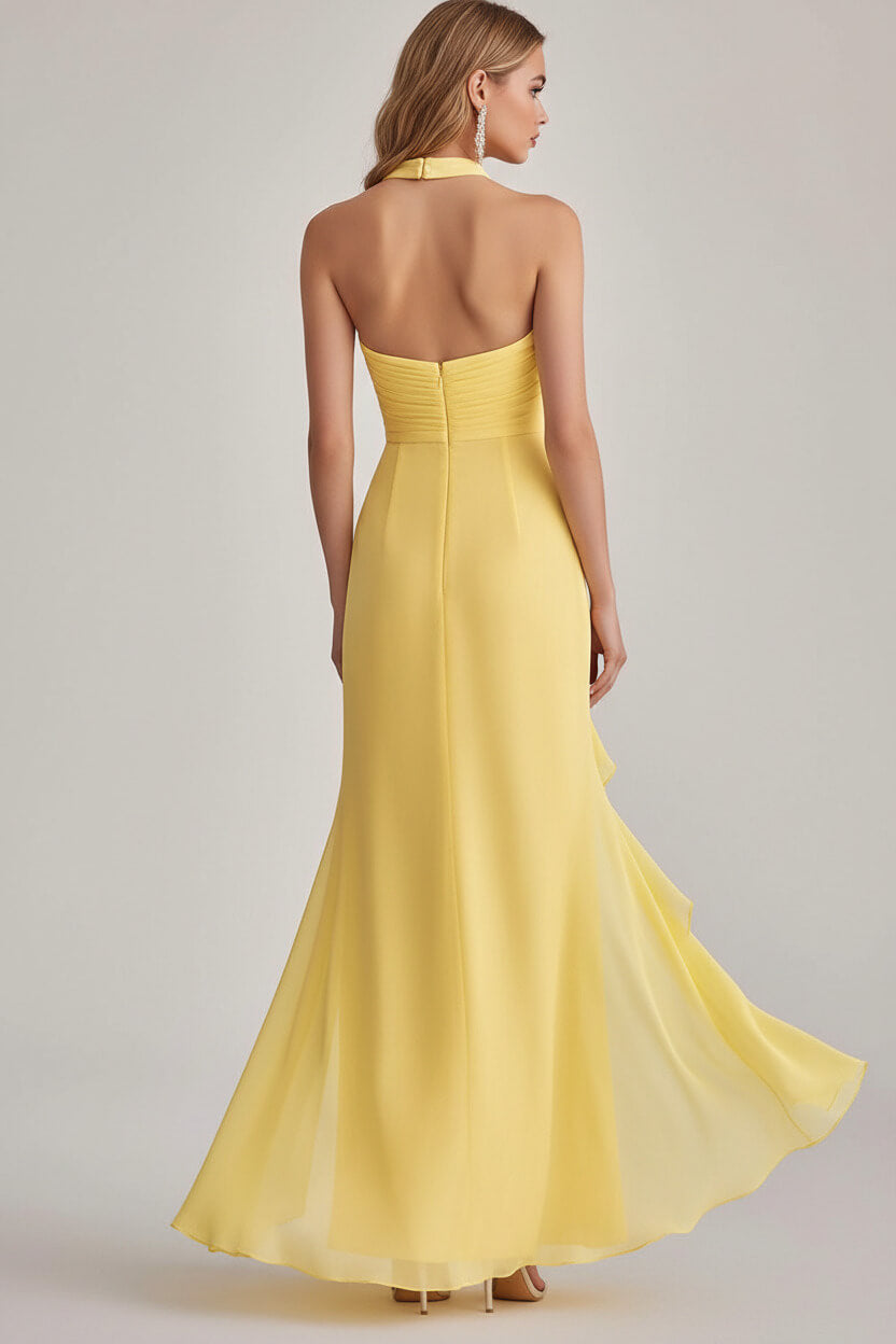 Dreamyannie Sheath Chiffon Light Yellow Halter Neck Long Formal Dress