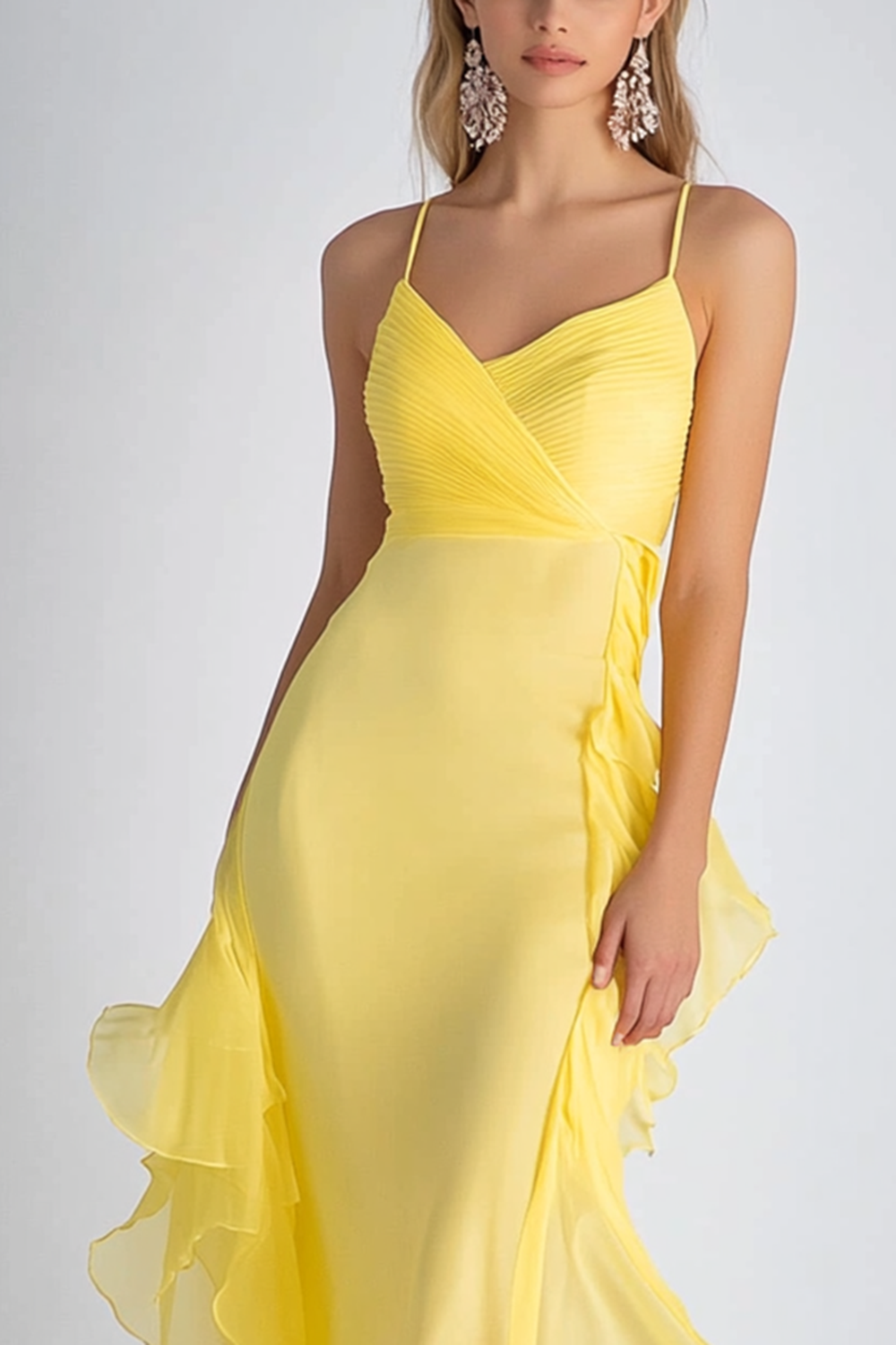 Sheath Chiffon Light Yellow Spaghetti Straps Long Formal Dress