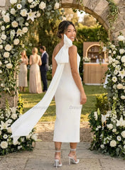 Sheath Column One Shoulder Sleeveless Ankle Length Elastic Satin Wedding Dress with Bow and Side Drape