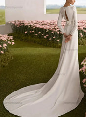 Sheath Column Square Neckline Long Sleeves Chapel Train Elastic Satin Wedding Dress
