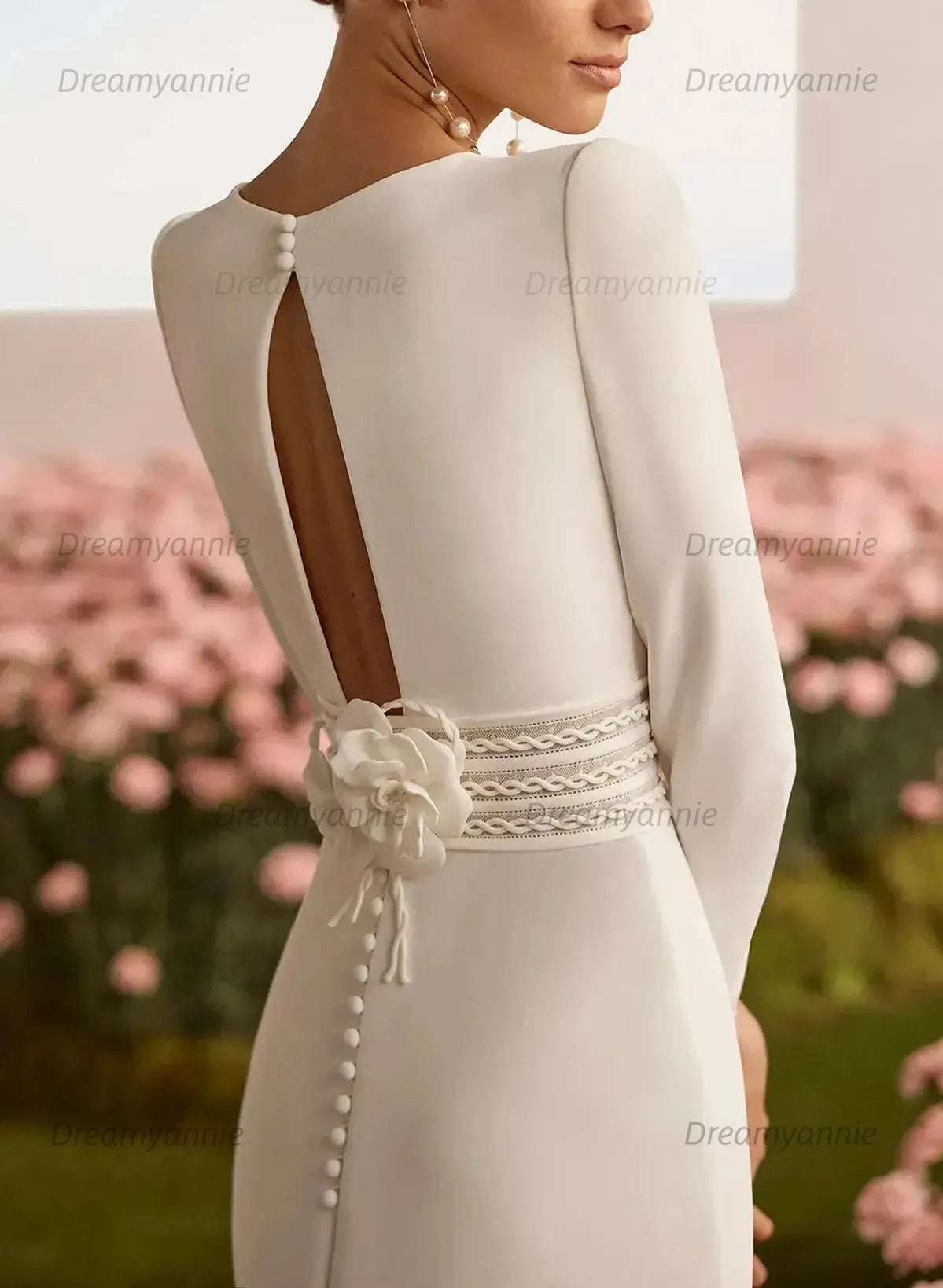 Sheath Column Square Neckline Long Sleeves Chapel Train Elastic Satin Wedding Dress
