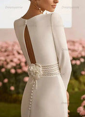 Sheath Column Square Neckline Long Sleeves Chapel Train Elastic Satin Wedding Dress