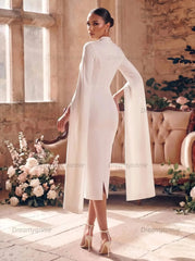 Sheath Column Sweetheart Long Sleeves Tea Length Elastic Satin Wedding Dress