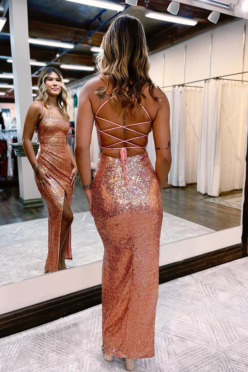 Sheath Halter Blue Prom Dress Sequined Evening Dress with Silt